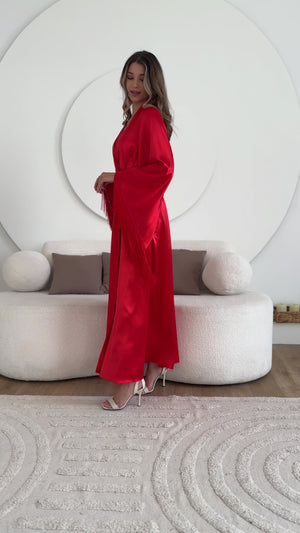 Red satin bridal robe with fringe - video product