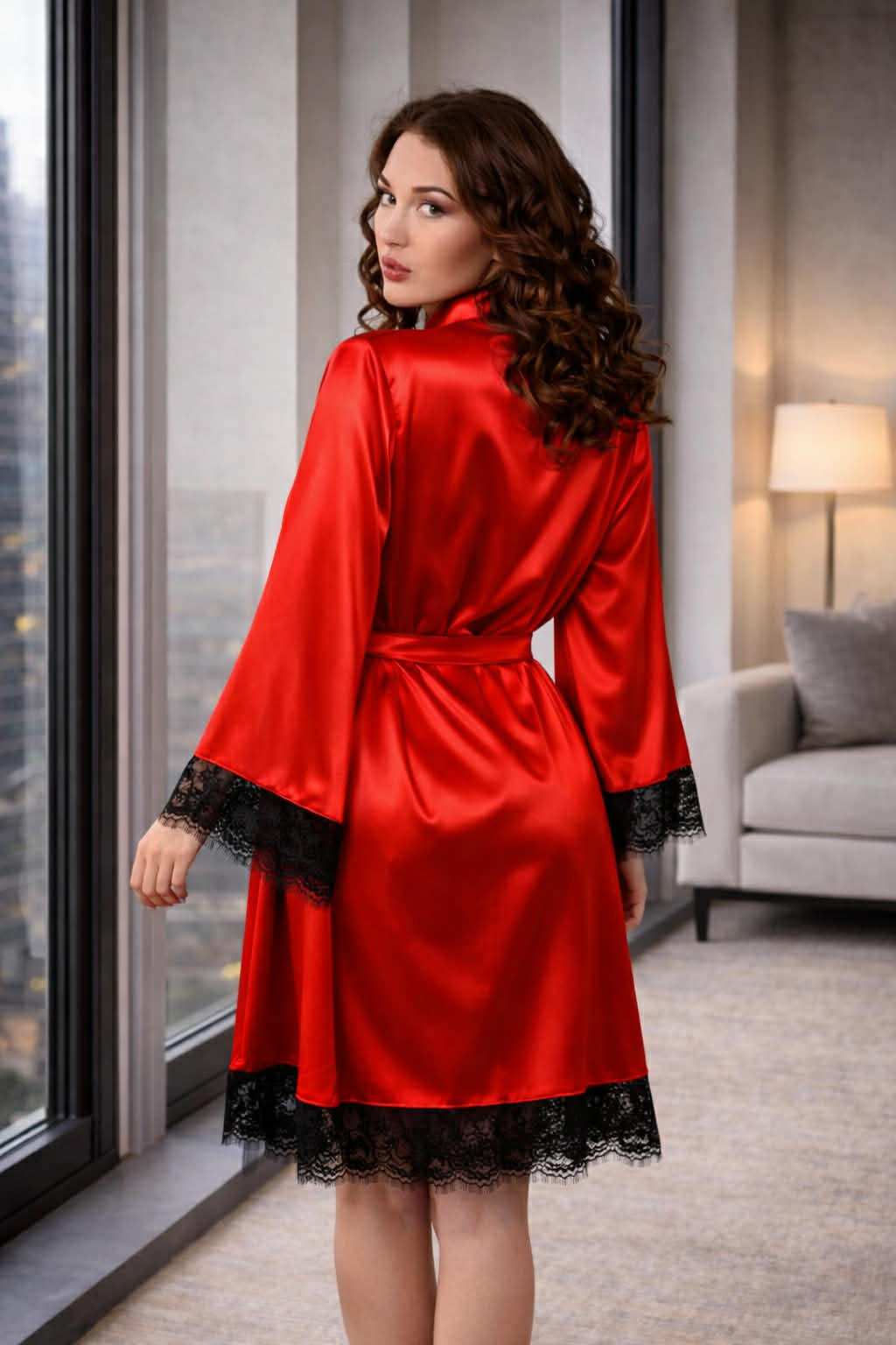 Short Satin Robe with Black Lace