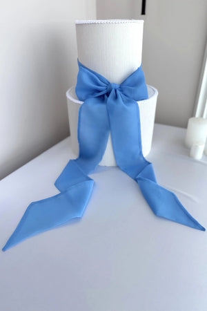 White cylindrical cake with a large blue bow on a white surface.