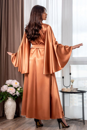 Warm terracotta satin robe for photoshoots