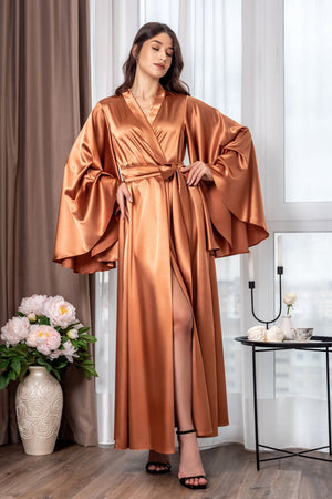 Earth-tone satin robe with floor-length silhouette