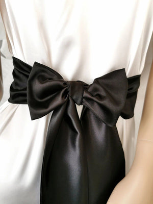 Classic black satin waist belt with flowing bow tails