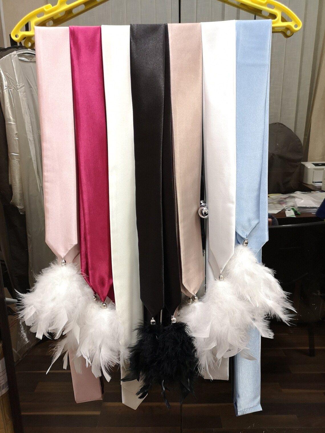 Satin Sash with Feather pom-poms