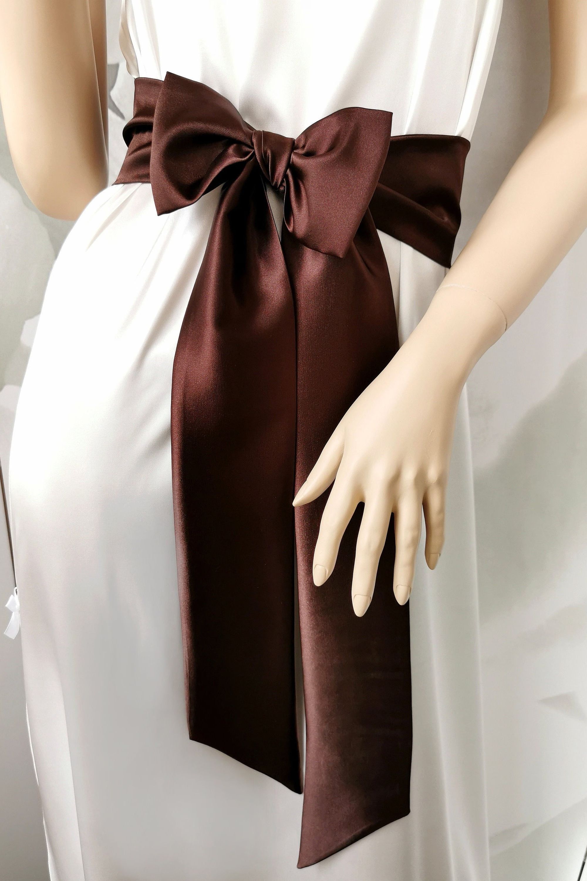 Rich chocolate brown satin waist belt with long tails