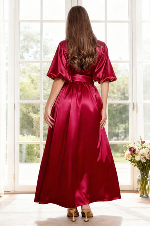 Burgundy satin long robe with balloon sleeves