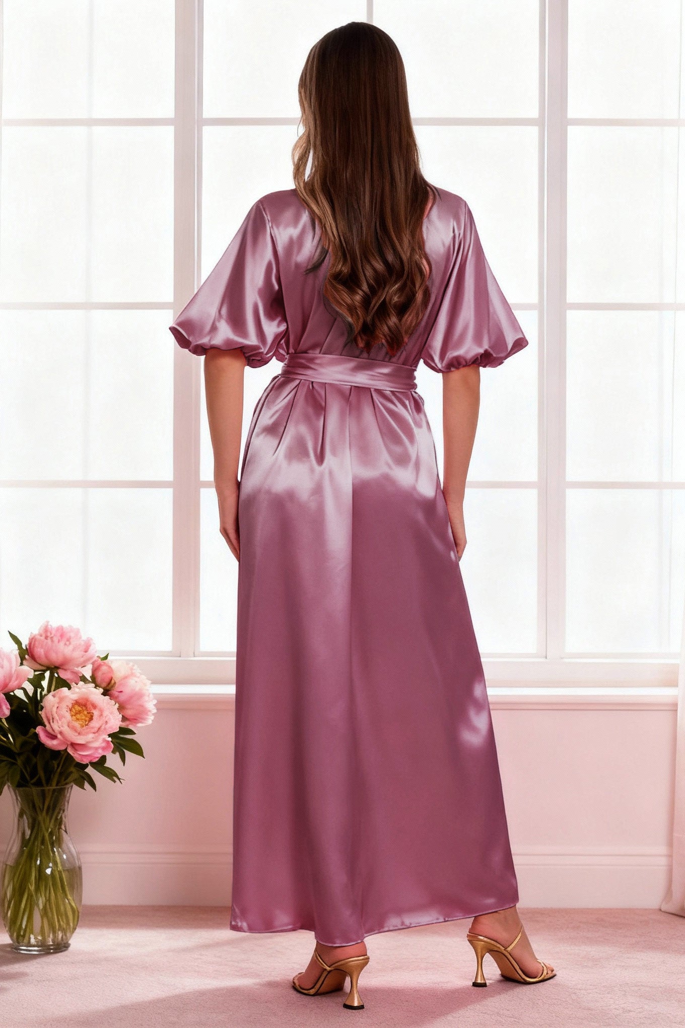 Deep pink maxi satin robe for women