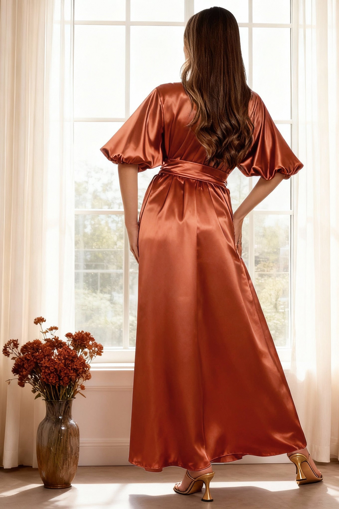 Woman in a rust-colored satin dress standing by a window with a vase of flowers on the floor