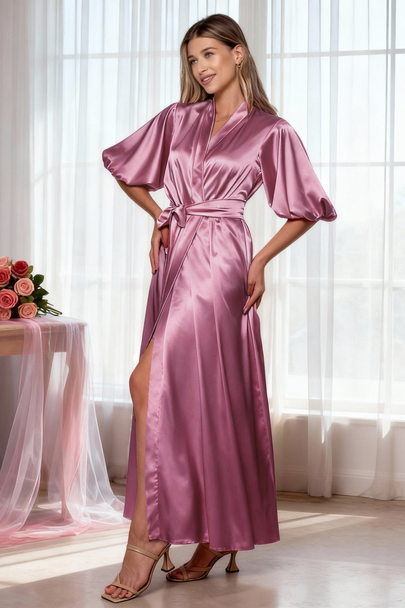 Dark pink satin robe for boudoir photoshoot