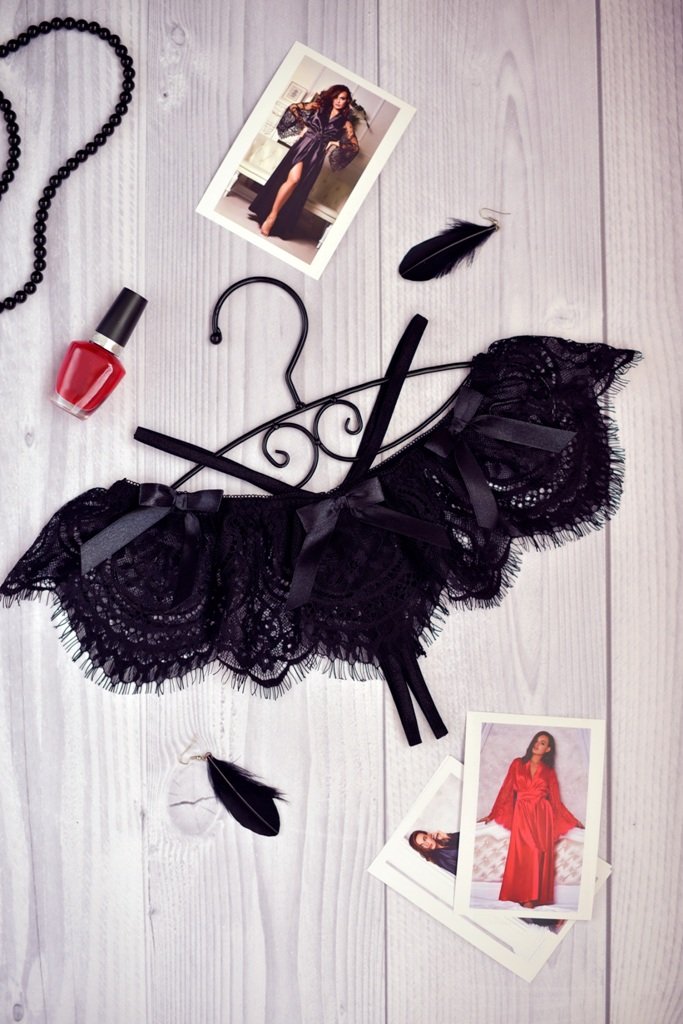 A lace crotchless thong panty