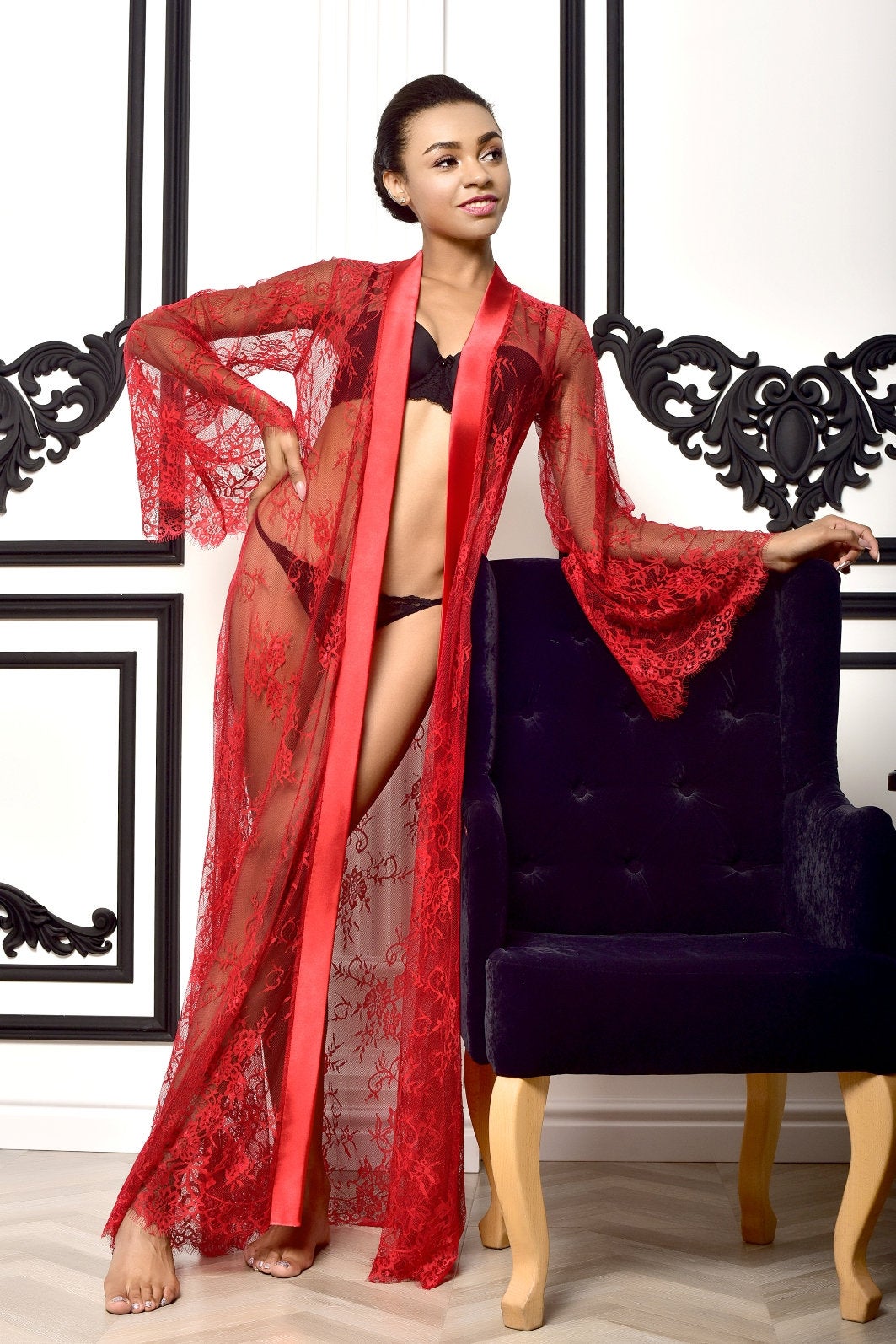 Honeymoon Lingerie - Red Chantilly Lace Robe