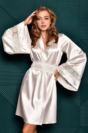 Ivory Satin Kimono Robe – Floral Guipure Lace Sleeves
