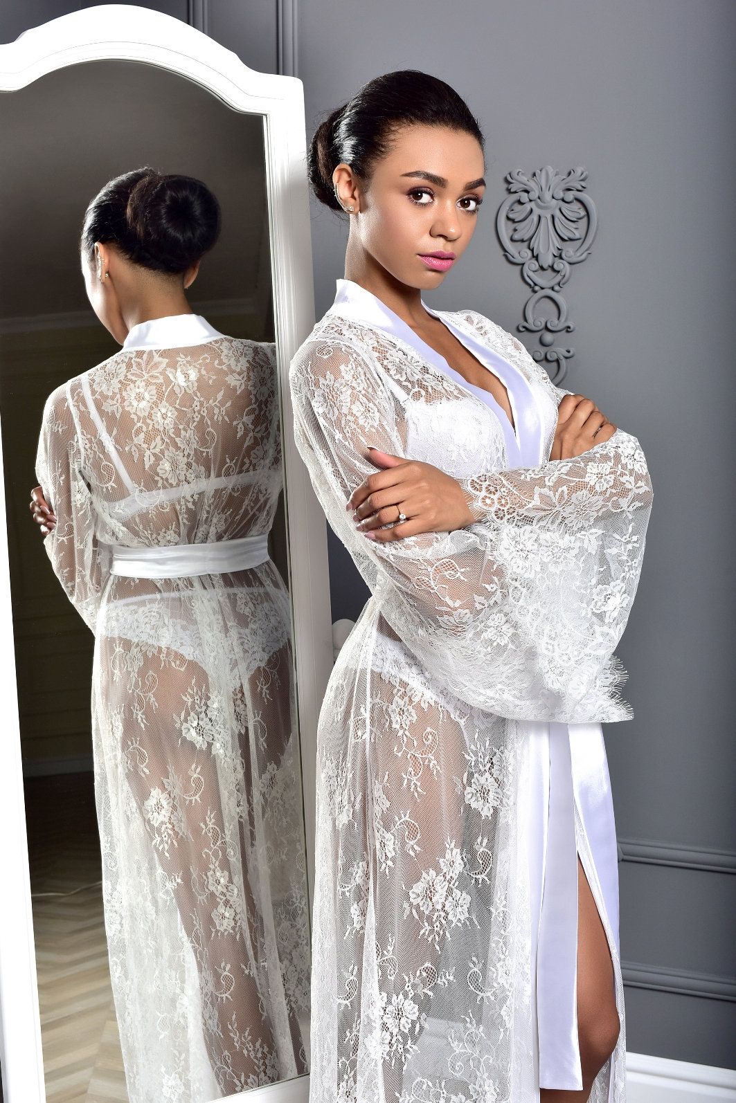 Lace Bridal Boudoir Robe in White