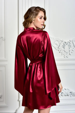 Deep Burgundy Satin Robe with Wide Sleeves