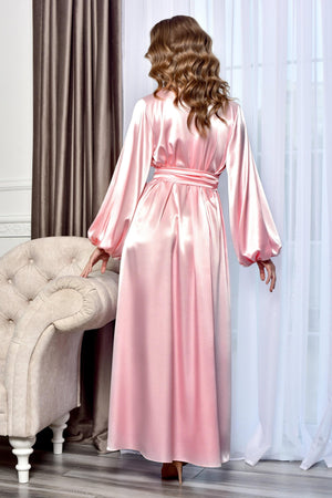 Blush pink satin robe tied with wide belt – bridal style