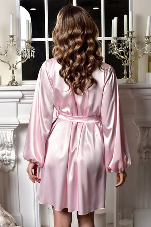 Blush satin robe for bride or bridal party — glossy silk-look