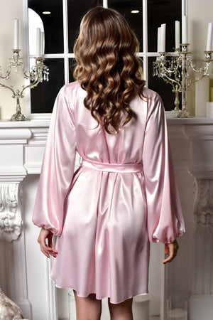 Blush satin robe for bride or bridal party — glossy silk-look