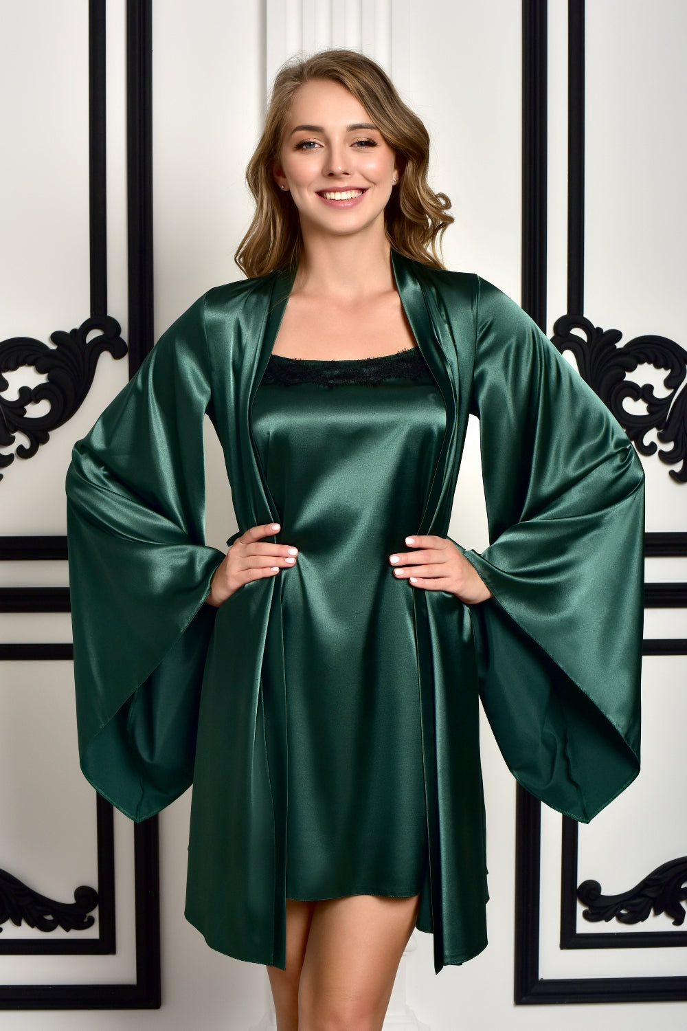 Dark Green Chemise and Kimono Robe Set