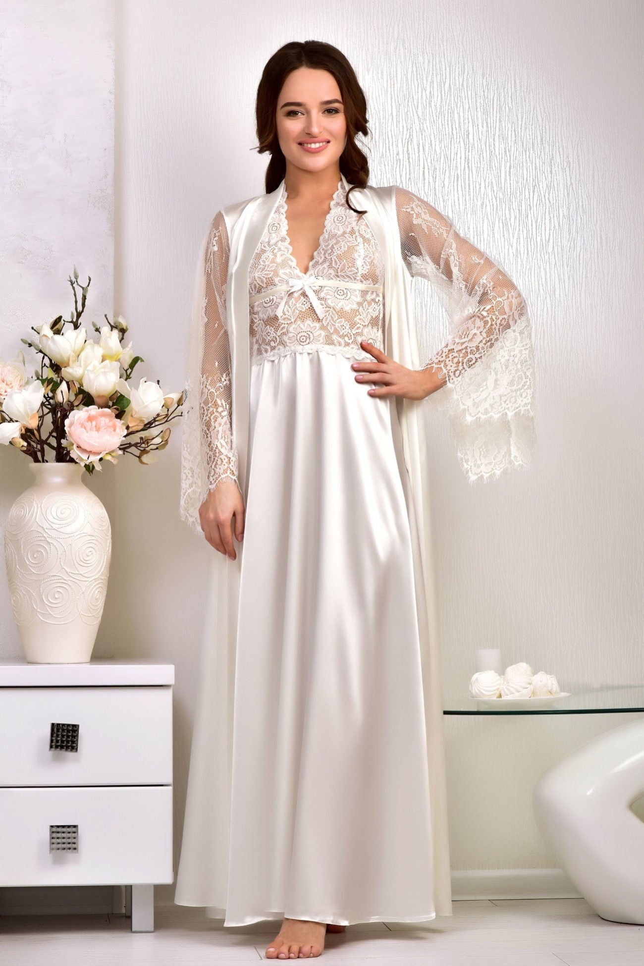 Ivory bridal robe and nightgown set - wedding lingerie
