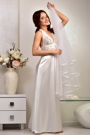 Long Bridal Slip in Ivory Satin with Lace Detailing