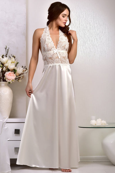 Bridal nightgown gift, ivory satin slip, lace lingerie