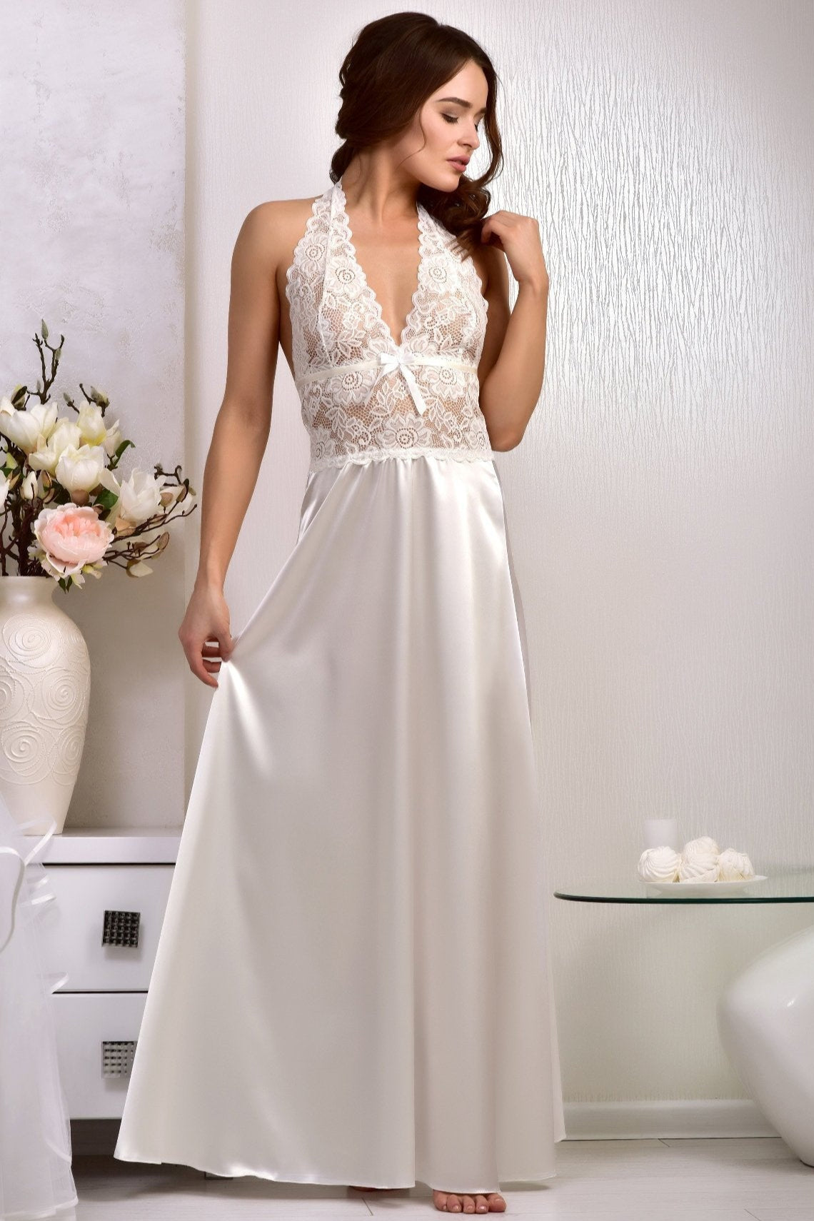 Bridal nightgown gift, ivory satin slip, lace lingerie
