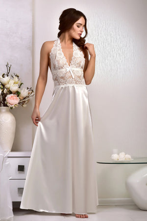 Bridal nightgown gift, ivory satin slip, lace lingerie