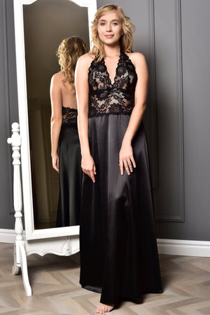Elegant floor-length black satin nightgown with Chantilly lace