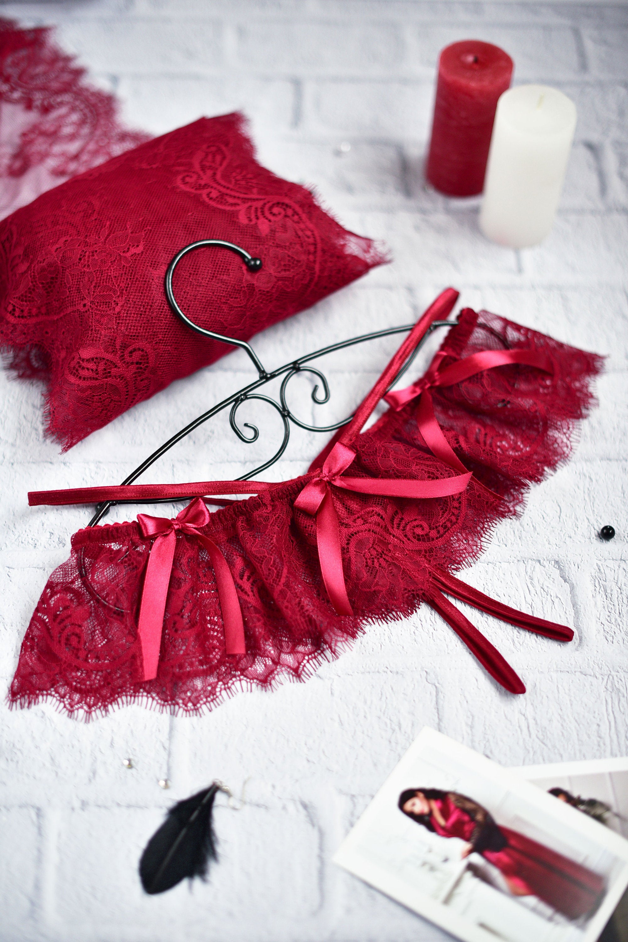 Bordeaux Lace Crotchless Thong Panties – Front View