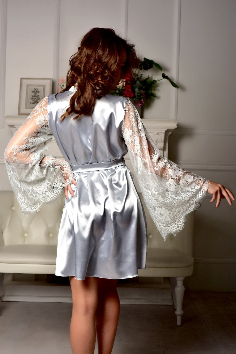 Silky gray satin robe with wide lace sleeves and belt - Back View