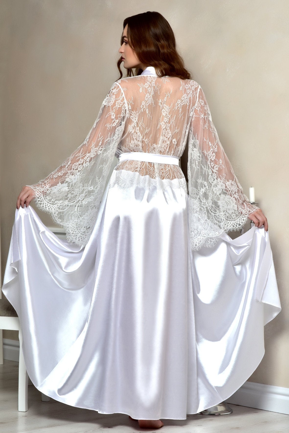 Long white satin bridal robe with lace back