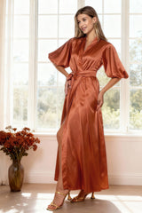 Terracotta satin long robe with puff sleeves