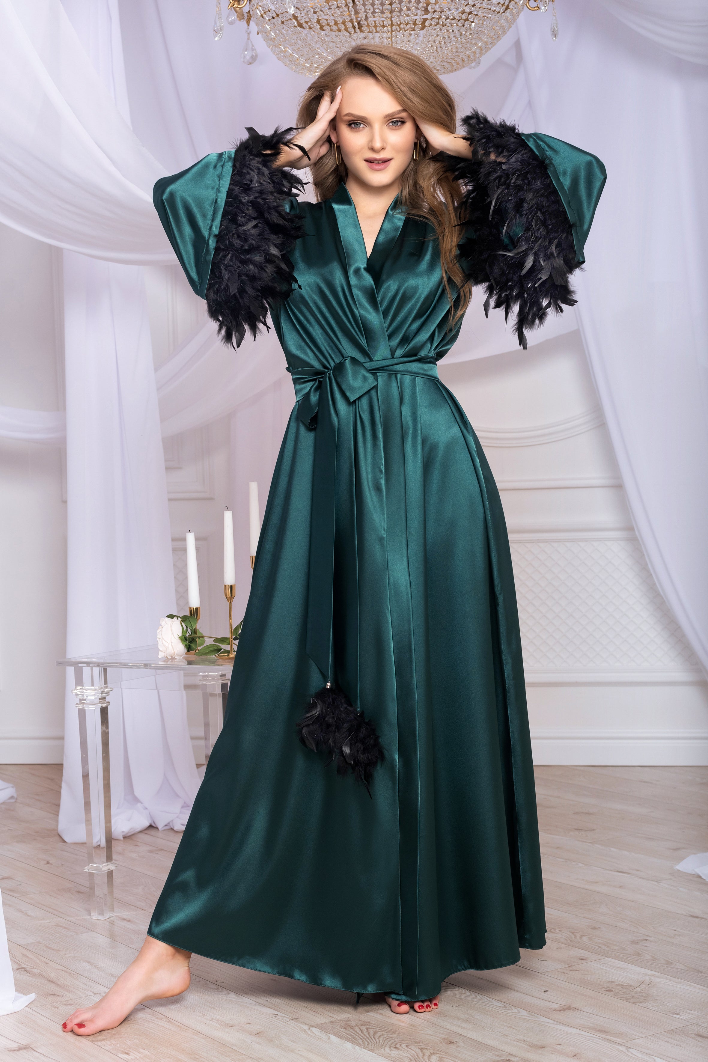 Feather trim boudoir robe Green satin