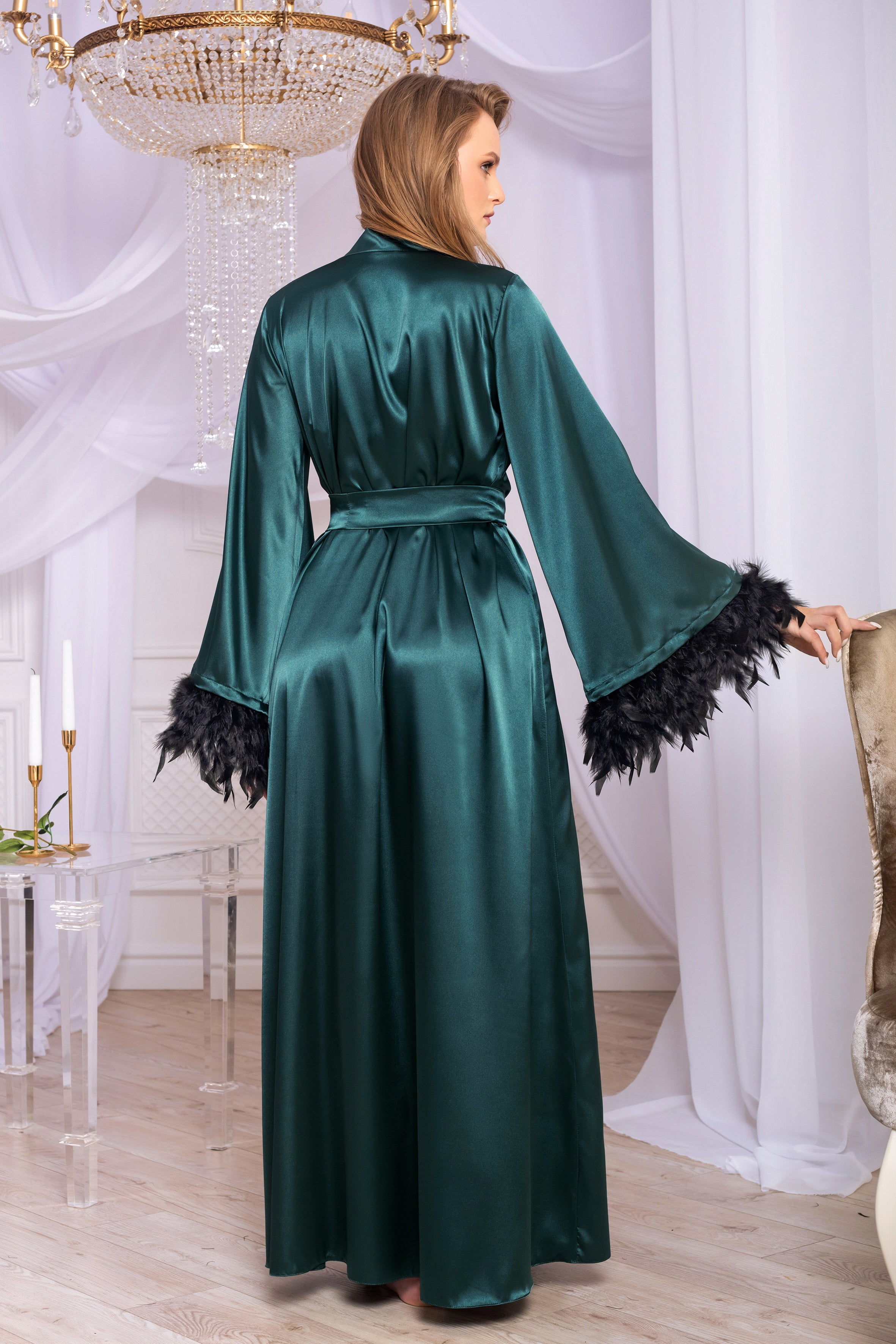 Feather trim boudoir robe Green satin