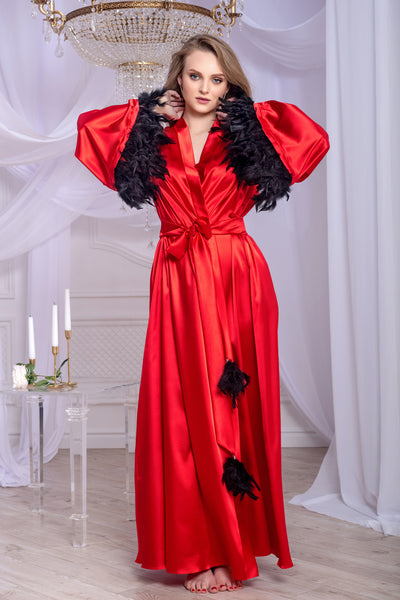 Feather trimmed boudoir robe Red satin