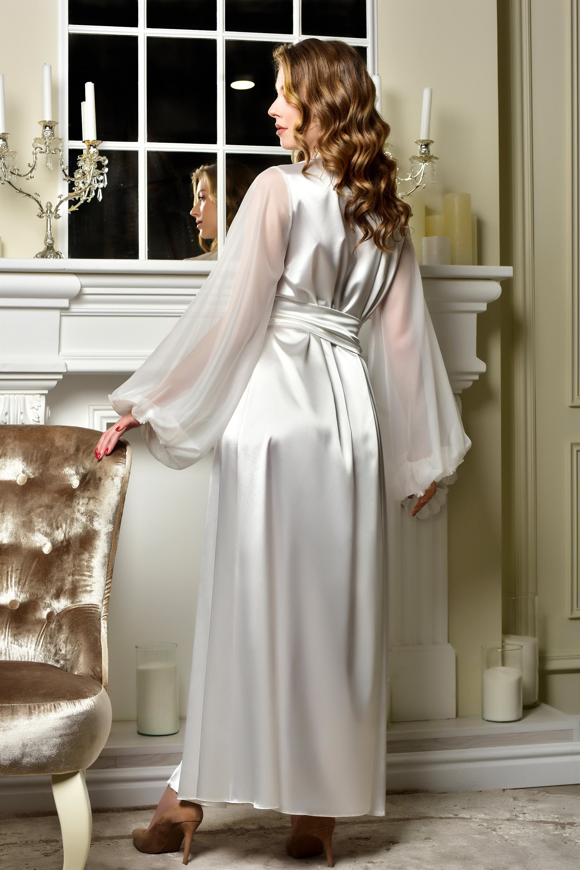 Bridal Long Robe with Chiffon Sleeves - Ivory Color