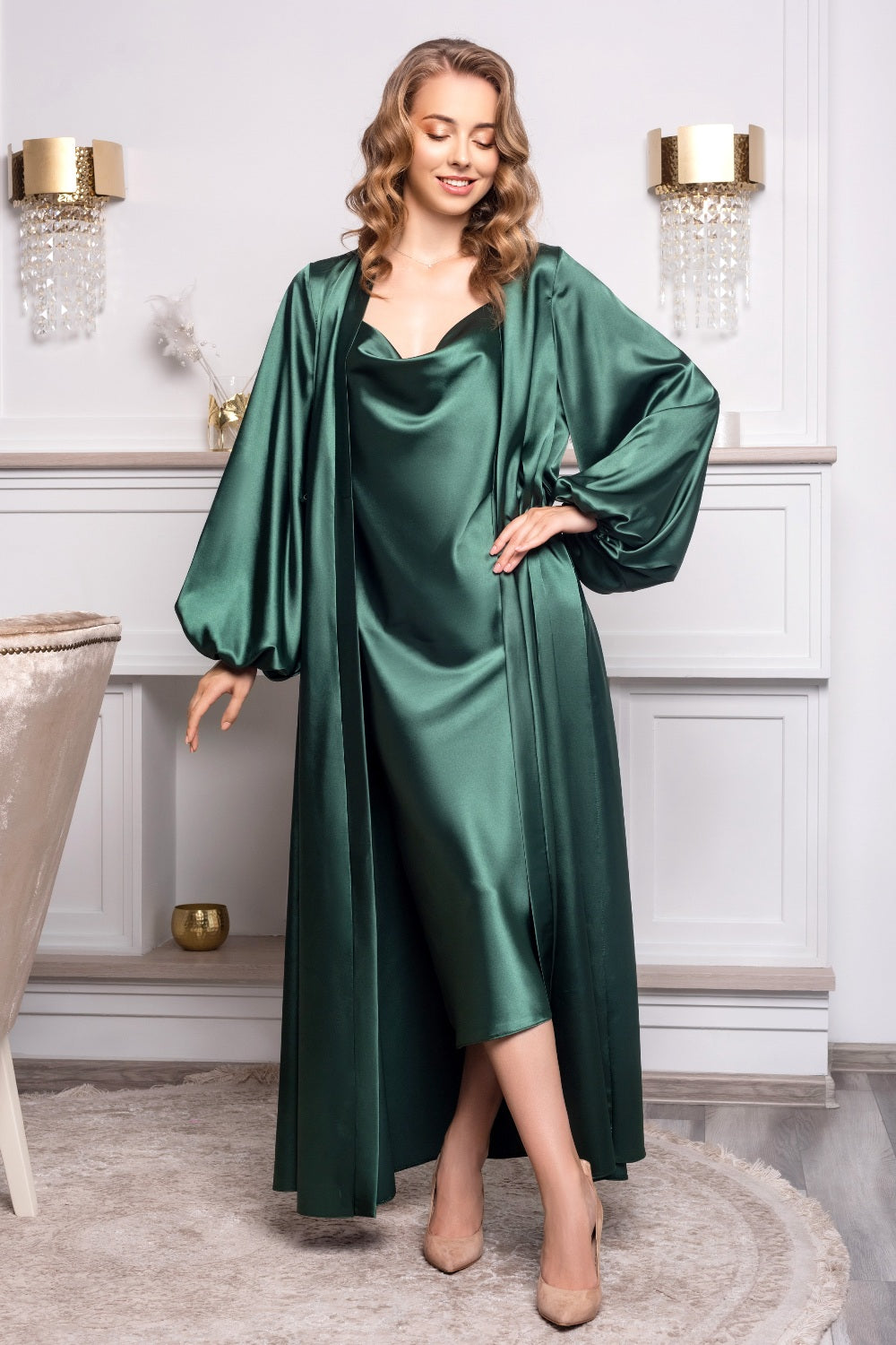 Wrap yourself in glamour with this stunning green satin nightwear set