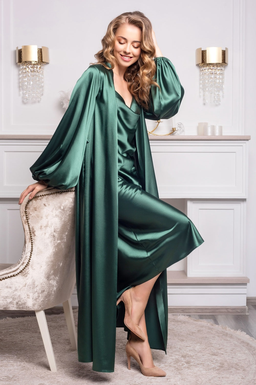 Feel like royalty in this enchanting green satin nightgown and robe set