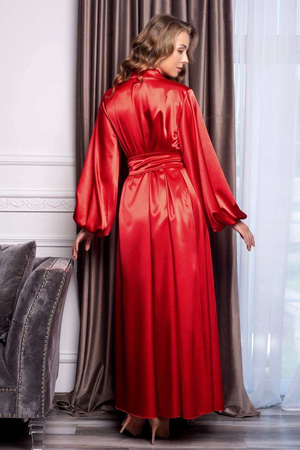 Red Bridesmaid Puffy Sleeve Kimono Robe