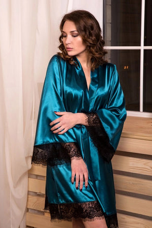 Aqua Blue Bridesmaid Lace-Trim Robe - Front View