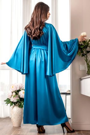 Fresh aqua blue long satin homewear robe