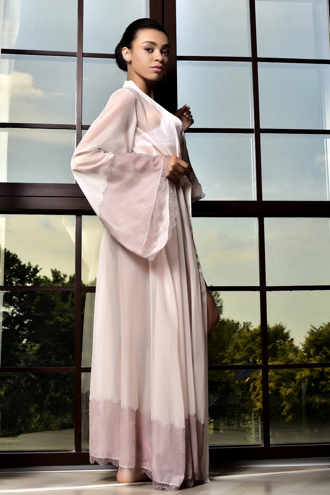 Beige Chiffon Boudoir Robe with Lace-Trim