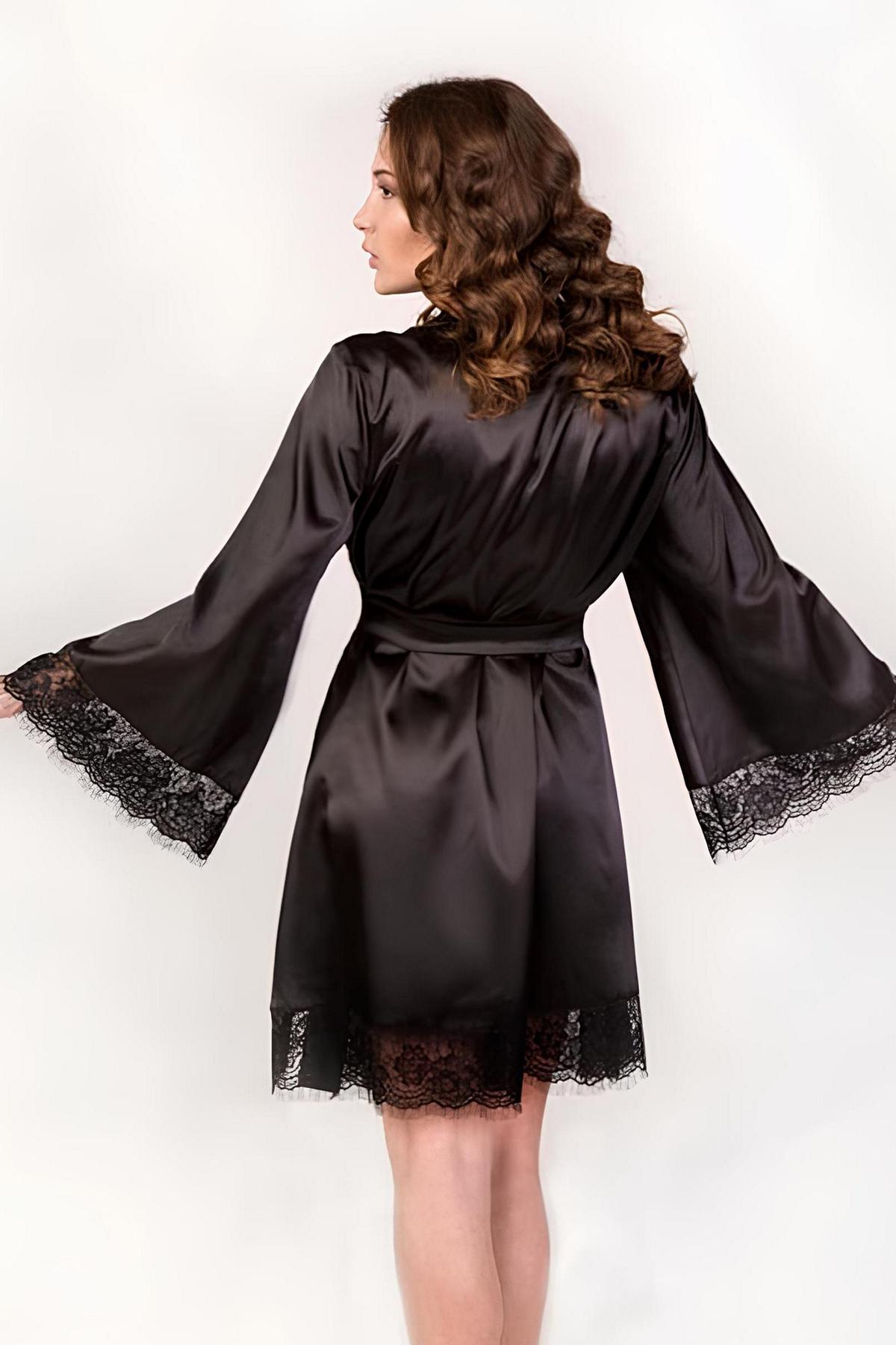 Chic bridesmaid gift - Short Lace-Trim Black Satin Robe - back view