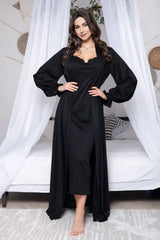 Woman wearing boho bamboo viscose robe and midi slip dress set lightweight summer lounge wear