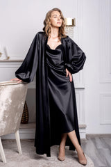 Black satin lingerie set — robe with puff sleeves & cowl neck slip