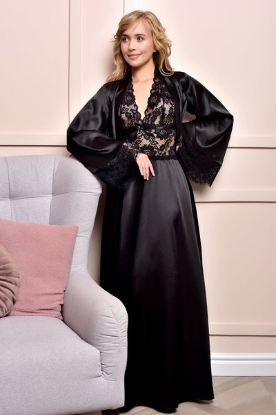 Elegant black peignoir set satin and lace USA