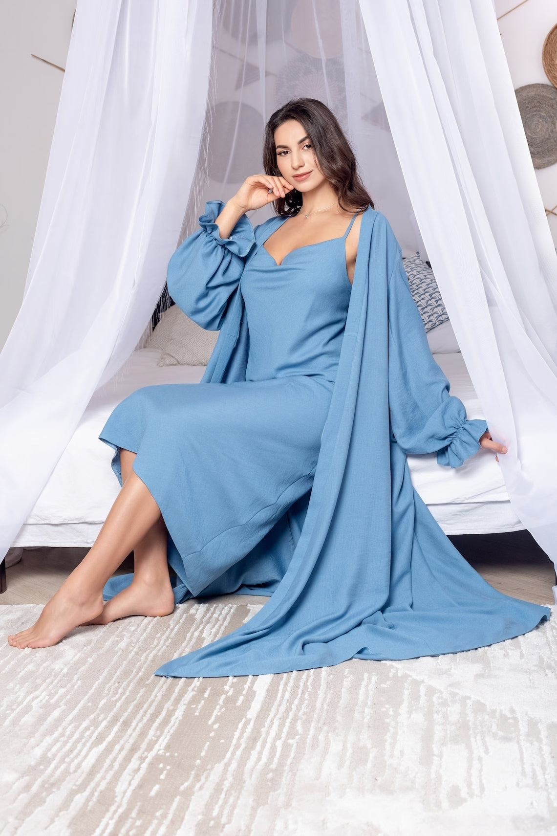 Seductive Blue Loungewear Nightgown and Robe Set