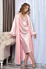 Light Pink Satin Loungewear: Swing Collar Nightgown & Robe Set