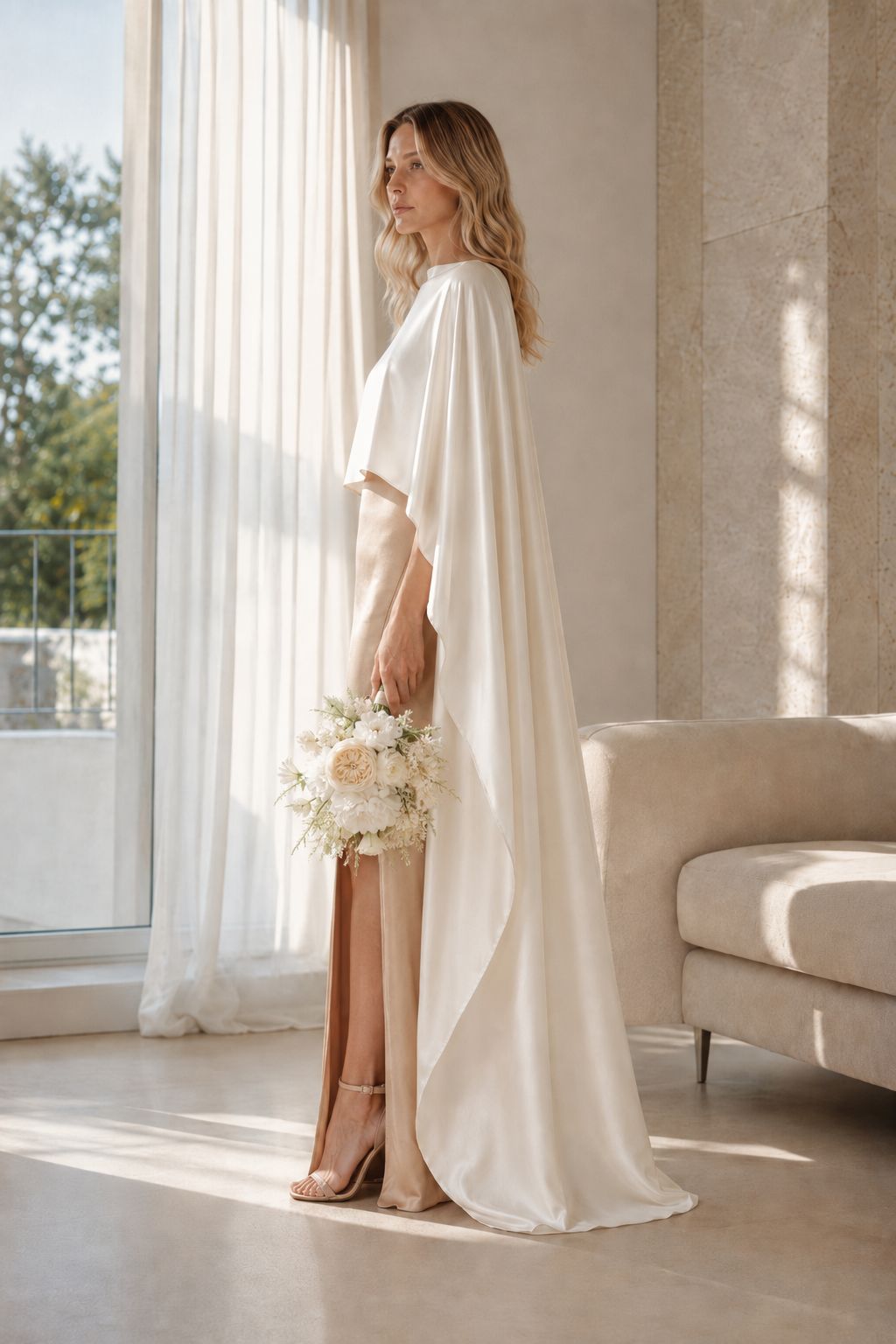 A woman stands in a bright, sunlit room wearing a flowing ivory bridal gown with a draped cape-style overlay and a high slit, holding a bouquet of white and beige flowers.