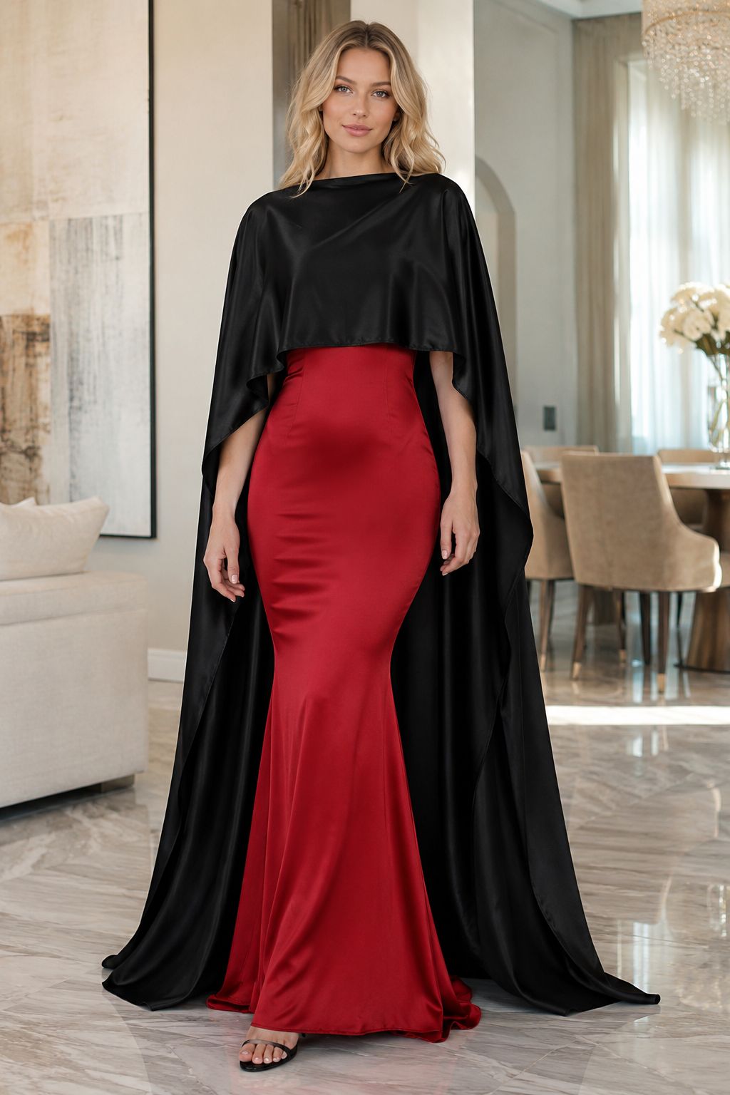 Black satin bridal cape poncho with a long flowing back. A dramatic evening cover-up for wedding guests, bridesmaids, receptions and formal dresses.