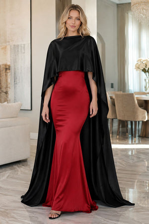 Black satin bridal cape poncho with a long flowing back. A dramatic evening cover-up for wedding guests, bridesmaids, receptions and formal dresses.